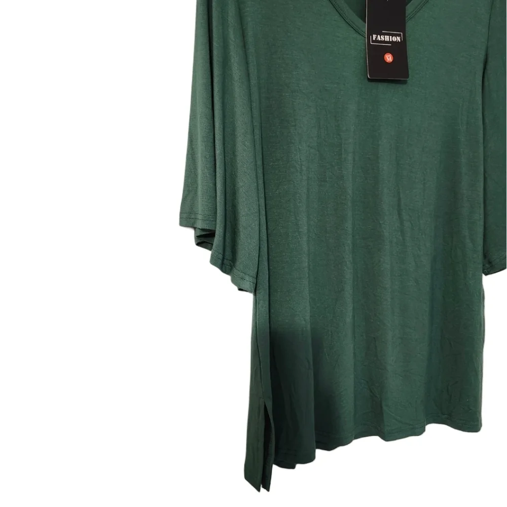 NWT Fashion Women's M V-Neck 3/4 Flutter/Bell Sleeve Lightweight Green Tunic Top
